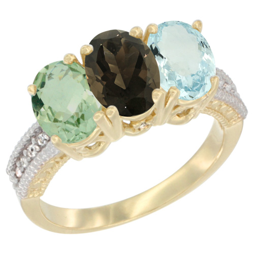14K Yellow Gold Natural Green Amethyst, Smoky Topaz & Aquamarine Ring 3-Stone 7x5 mm Oval Diamond Accent, sizes 5 - 10