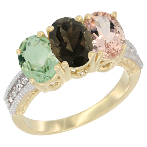 14K Yellow Gold Natural Green Amethyst, Smoky Topaz & Morganite Ring 3-Stone 7x5 mm Oval Diamond Accent, sizes 5 - 10