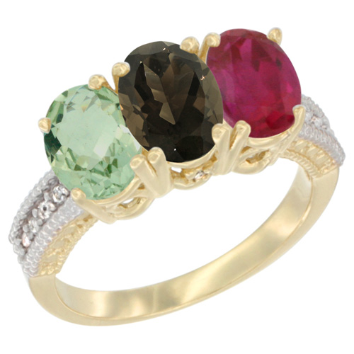 14K Yellow Gold Natural Green Amethyst, Smoky Topaz & Enhanced Ruby Ring 3-Stone 7x5 mm Oval Diamond Accent, sizes 5 - 10
