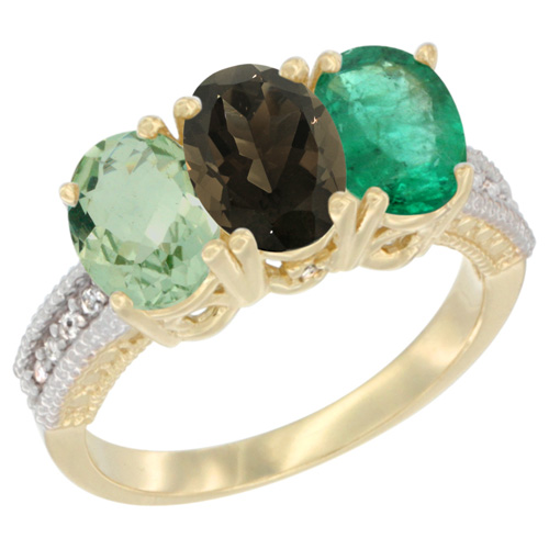 14K Yellow Gold Natural Green Amethyst, Smoky Topaz & Emerald Ring 3-Stone 7x5 mm Oval Diamond Accent, sizes 5 - 10