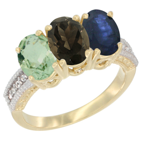 14K Yellow Gold Natural Green Amethyst, Smoky Topaz & Blue Sapphire Ring 3-Stone 7x5 mm Oval Diamond Accent, sizes 5 - 10