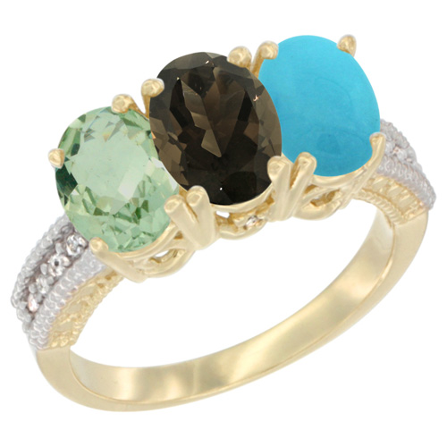 14K Yellow Gold Natural Green Amethyst, Smoky Topaz & Turquoise Ring 3-Stone 7x5 mm Oval Diamond Accent, sizes 5 - 10