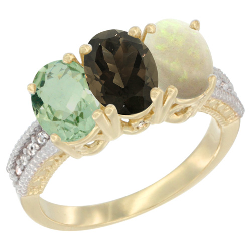 14K Yellow Gold Natural Green Amethyst, Smoky Topaz & Opal Ring 3-Stone 7x5 mm Oval Diamond Accent, sizes 5 - 10