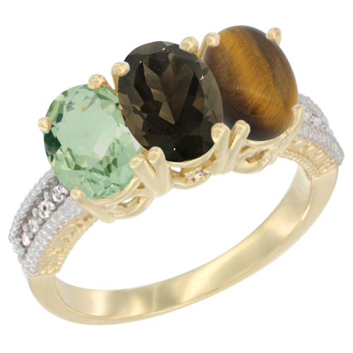 14K Yellow Gold Natural Green Amethyst, Smoky Topaz & Tiger Eye Ring 3-Stone 7x5 mm Oval Diamond Accent, sizes 5 - 10