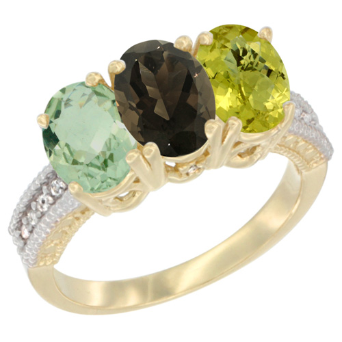14K Yellow Gold Natural Green Amethyst, Smoky Topaz & Lemon Quartz Ring 3-Stone 7x5 mm Oval Diamond Accent, sizes 5 - 10