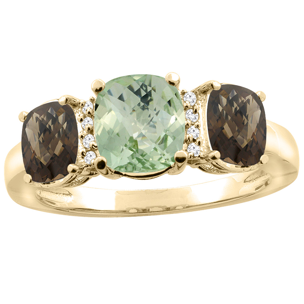 14K Yellow Gold Natural Green Amethyst & Smoky Topaz 3-stone Ring Cushion 8x6mm Diamond Accent, sizes 5 - 10