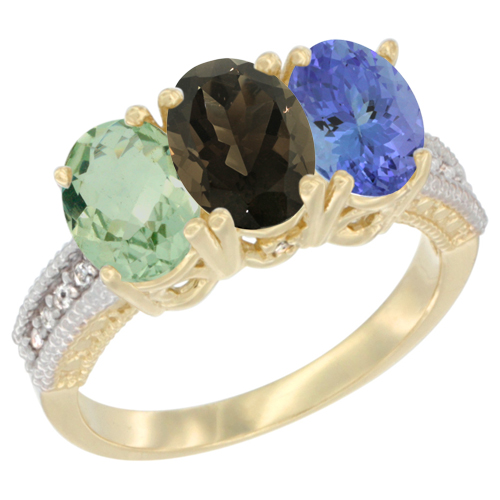 14K Yellow Gold Natural Green Amethyst, Smoky Topaz & Tanzanite Ring 3-Stone 7x5 mm Oval Diamond Accent, sizes 5 - 10