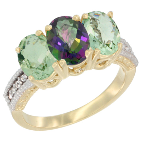 14K Yellow Gold Natural Mystic Topaz & Green Amethyst Ring 3-Stone 7x5 mm Oval Diamond Accent, sizes 5 - 10