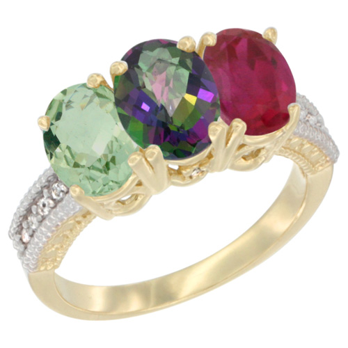 14K Yellow Gold Natural Green Amethyst, Mystic Topaz & Enhanced Ruby Ring 3-Stone 7x5 mm Oval Diamond Accent, sizes 5 - 10
