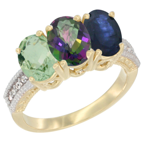 14K Yellow Gold Natural Green Amethyst, Mystic Topaz & Blue Sapphire Ring 3-Stone 7x5 mm Oval Diamond Accent, sizes 5 - 10