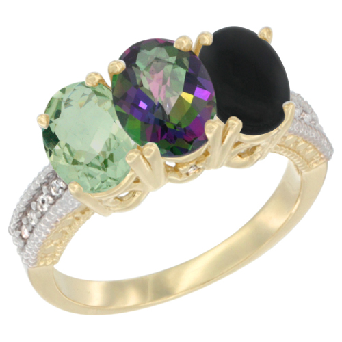 14K Yellow Gold Natural Green Amethyst, Mystic Topaz & Black Onyx Ring 3-Stone 7x5 mm Oval Diamond Accent, sizes 5 - 10