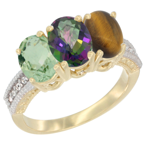 14K Yellow Gold Natural Green Amethyst, Mystic Topaz & Tiger Eye Ring 3-Stone 7x5 mm Oval Diamond Accent, sizes 5 - 10