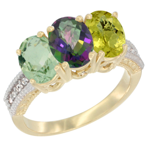 14K Yellow Gold Natural Green Amethyst, Mystic Topaz & Lemon Quartz Ring 3-Stone 7x5 mm Oval Diamond Accent, sizes 5 - 10