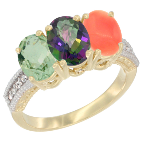 14K Yellow Gold Natural Green Amethyst, Mystic Topaz & Coral Ring 3-Stone 7x5 mm Oval Diamond Accent, sizes 5 - 10