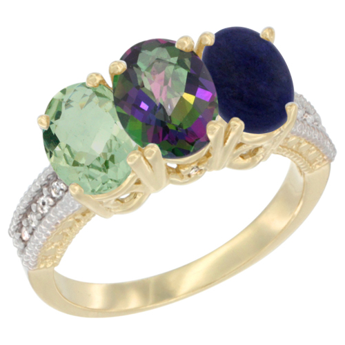 14K Yellow Gold Natural Green Amethyst, Mystic Topaz & Lapis Ring 3-Stone 7x5 mm Oval Diamond Accent, sizes 5 - 10