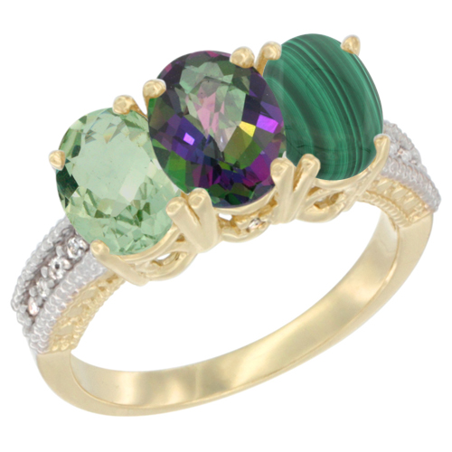 14K Yellow Gold Natural Green Amethyst, Mystic Topaz & Malachite Ring 3-Stone 7x5 mm Oval Diamond Accent, sizes 5 - 10