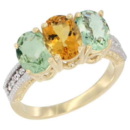 14K Yellow Gold Natural Citrine & Green Amethyst Sides Ring 3-Stone 7x5 mm Oval Diamond Accent, sizes 5 - 10