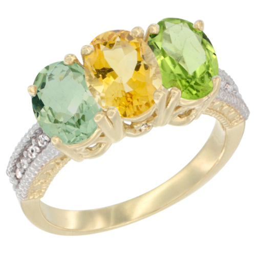 14K Yellow Gold Natural Green Amethyst, Citrine & Peridot Ring 3-Stone 7x5 mm Oval Diamond Accent, sizes 5 - 10