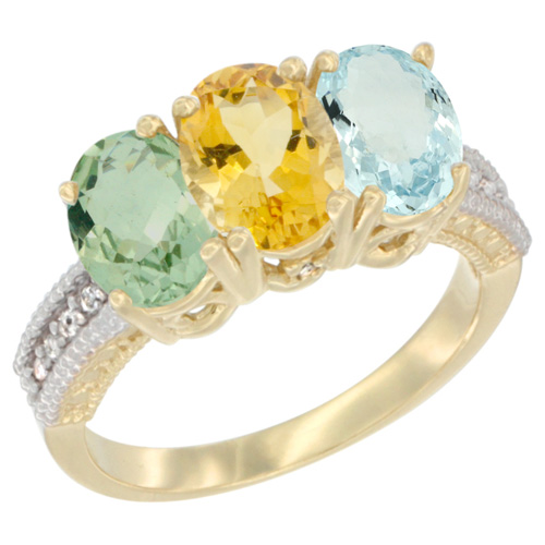 14K Yellow Gold Natural Green Amethyst, Citrine & Aquamarine Ring 3-Stone 7x5 mm Oval Diamond Accent, sizes 5 - 10