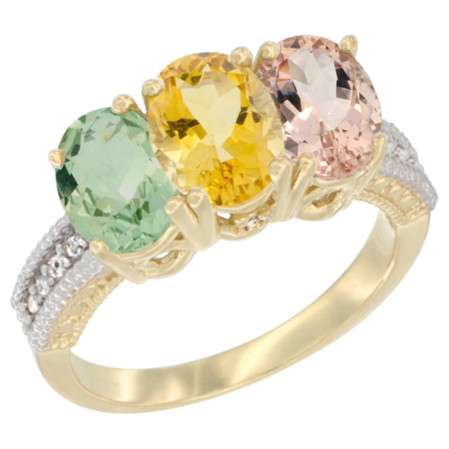 14K Yellow Gold Natural Green Amethyst, Citrine & Morganite Ring 3-Stone 7x5 mm Oval Diamond Accent, sizes 5 - 10