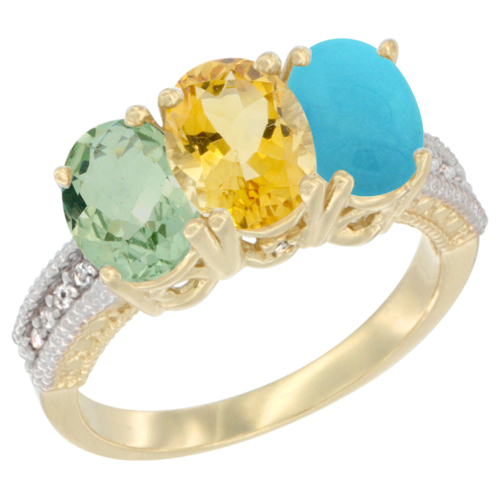 14K Yellow Gold Natural Green Amethyst, Citrine & Turquoise Ring 3-Stone 7x5 mm Oval Diamond Accent, sizes 5 - 10