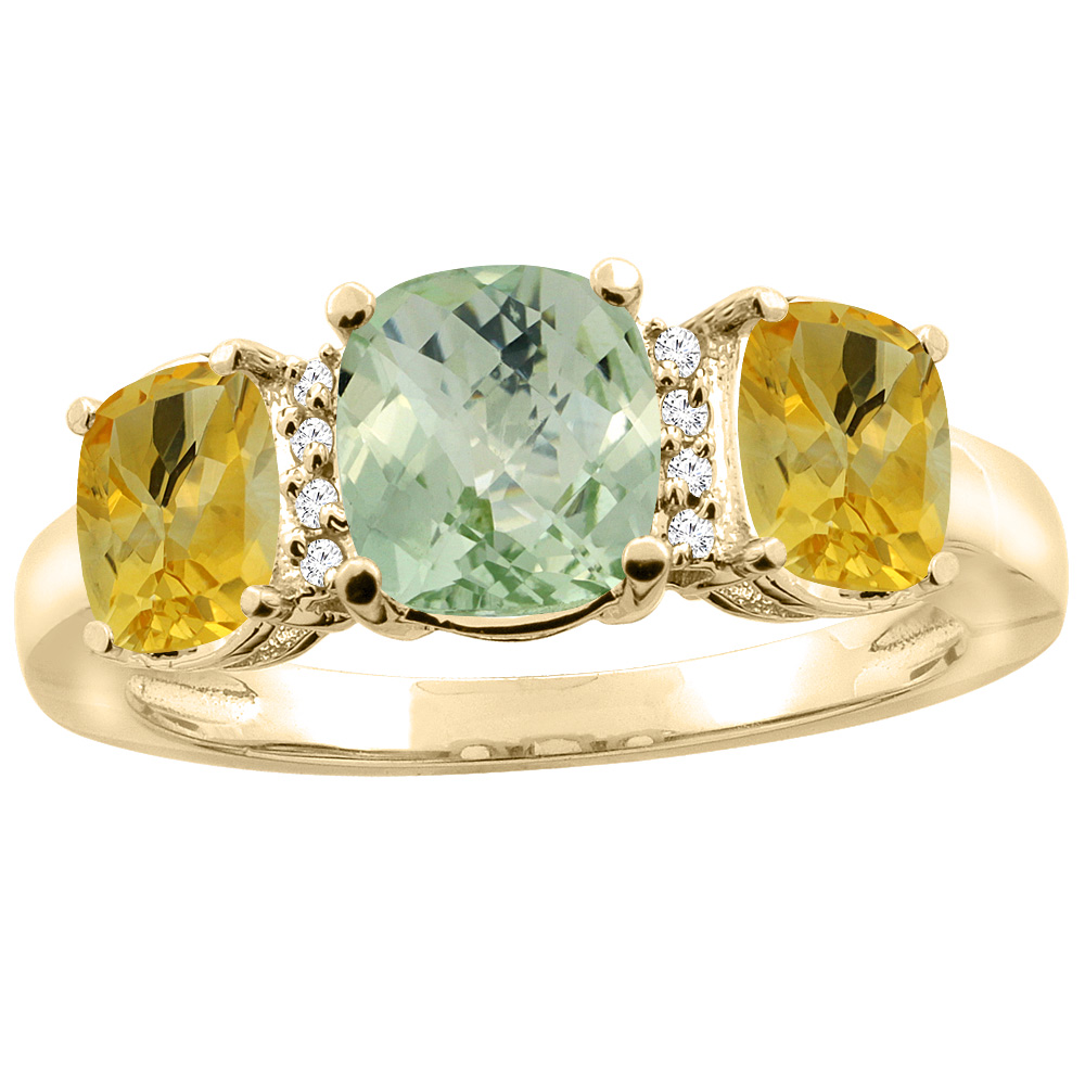 14K Yellow Gold Natural Green Amethyst & Citrine 3-stone Ring Cushion 8x6mm Diamond Accent, sizes 5 - 10
