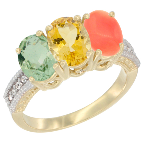 14K Yellow Gold Natural Green Amethyst, Citrine & Coral Ring 3-Stone 7x5 mm Oval Diamond Accent, sizes 5 - 10