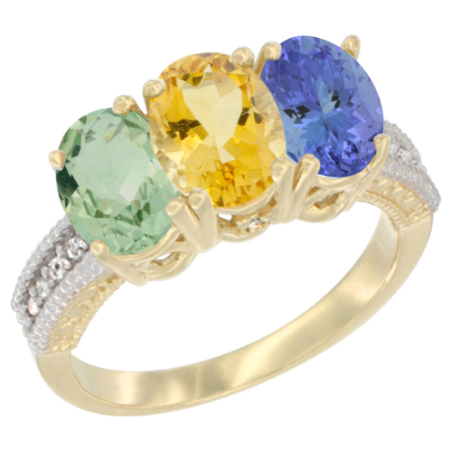 14K Yellow Gold Natural Green Amethyst, Citrine & Tanzanite Ring 3-Stone 7x5 mm Oval Diamond Accent, sizes 5 - 10