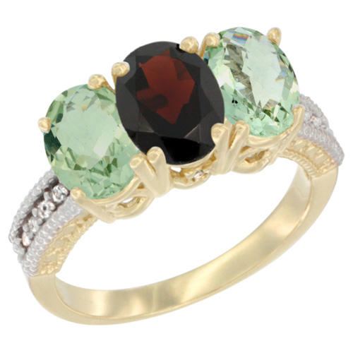 14K Yellow Gold Natural Garnet & Green Amethyst Sides Ring 3-Stone 7x5 mm Oval Diamond Accent, sizes 5 - 10