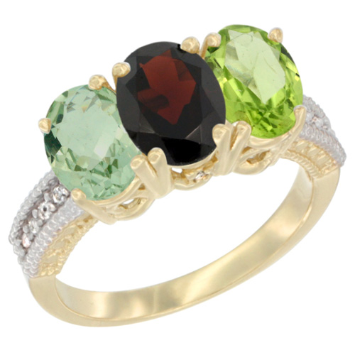 14K Yellow Gold Natural Green Amethyst, Garnet & Peridot Ring 3-Stone 7x5 mm Oval Diamond Accent, sizes 5 - 10