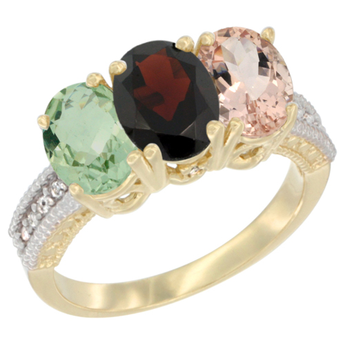 14K Yellow Gold Natural Green Amethyst, Garnet & Morganite Ring 3-Stone 7x5 mm Oval Diamond Accent, sizes 5 - 10