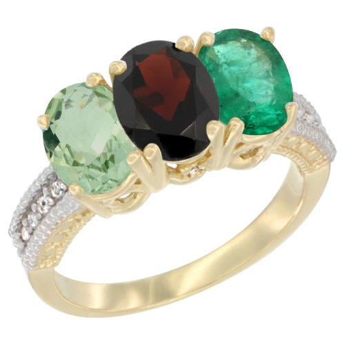 14K Yellow Gold Natural Green Amethyst, Garnet & Emerald Ring 3-Stone 7x5 mm Oval Diamond Accent, sizes 5 - 10
