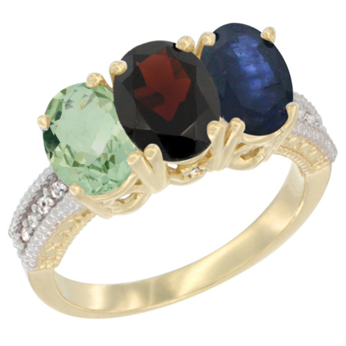 14K Yellow Gold Natural Green Amethyst, Garnet & Blue Sapphire Ring 3-Stone 7x5 mm Oval Diamond Accent, sizes 5 - 10