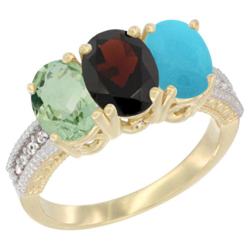 14K Yellow Gold Natural Green Amethyst, Garnet & Turquoise Ring 3-Stone 7x5 mm Oval Diamond Accent, sizes 5 - 10