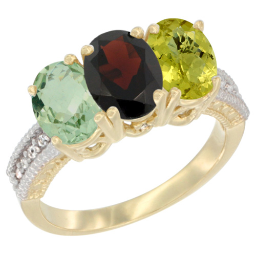 14K Yellow Gold Natural Green Amethyst, Garnet & Lemon Quartz Ring 3-Stone 7x5 mm Oval Diamond Accent, sizes 5 - 10