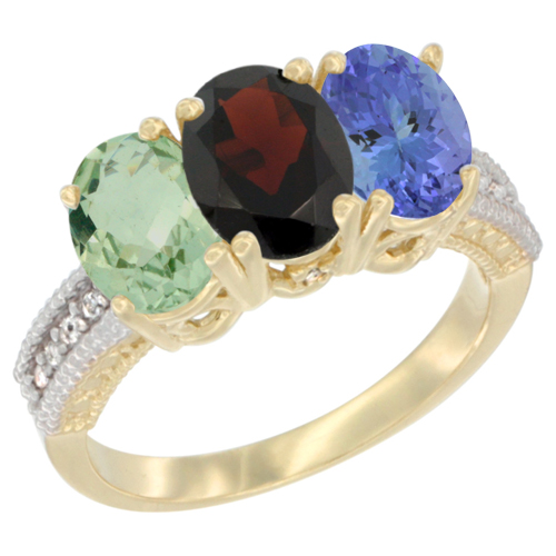 14K Yellow Gold Natural Green Amethyst, Garnet & Tanzanite Ring 3-Stone 7x5 mm Oval Diamond Accent, sizes 5 - 10