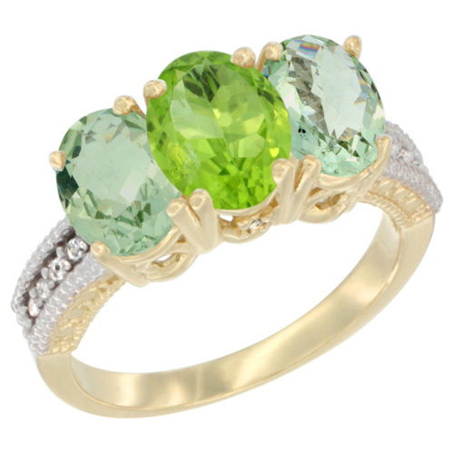 10K Yellow Gold Diamond Natural Peridot & Green Amethyst Sides Ring 3-Stone Oval 7x5 mm, sizes 5 - 10