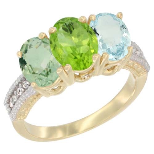 14K Yellow Gold Natural Green Amethyst, Peridot & Aquamarine Ring 3-Stone 7x5 mm Oval Diamond Accent, sizes 5 - 10