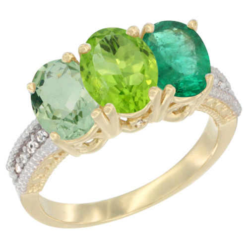 14K Yellow Gold Natural Green Amethyst, Peridot & Emerald Ring 3-Stone 7x5 mm Oval Diamond Accent, sizes 5 - 10