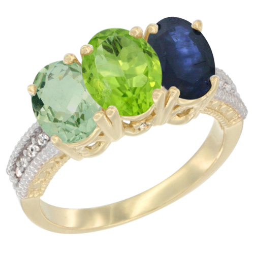 14K Yellow Gold Natural Green Amethyst, Peridot & Blue Sapphire Ring 3-Stone 7x5 mm Oval Diamond Accent, sizes 5 - 10