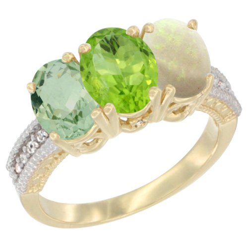 14K Yellow Gold Natural Green Amethyst, Peridot & Opal Ring 3-Stone 7x5 mm Oval Diamond Accent, sizes 5 - 10