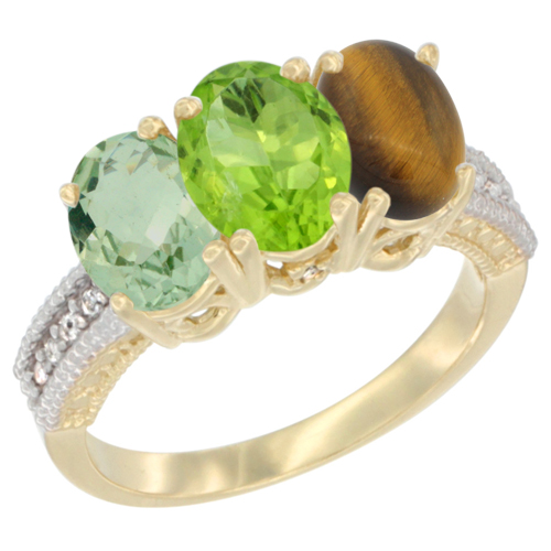 14K Yellow Gold Natural Green Amethyst, Peridot & Tiger Eye Ring 3-Stone 7x5 mm Oval Diamond Accent, sizes 5 - 10