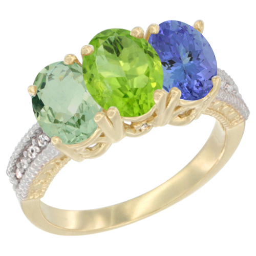 14K Yellow Gold Natural Green Amethyst, Peridot & Tanzanite Ring 3-Stone 7x5 mm Oval Diamond Accent, sizes 5 - 10