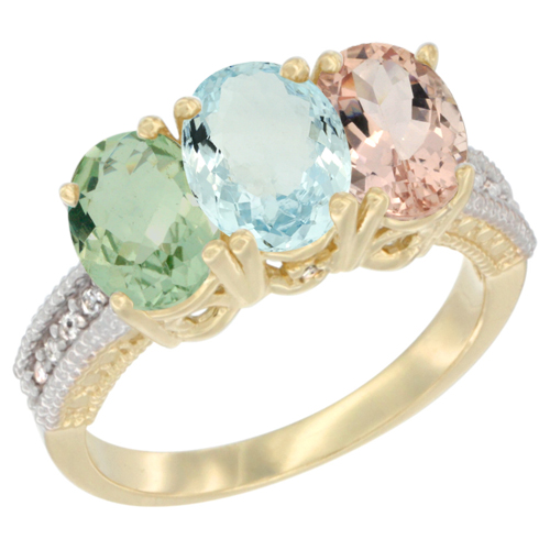 10K Yellow Gold Diamond Natural Green Amethyst, Aquamarine & Morganite Ring 3-Stone Oval 7x5 mm, sizes 5 - 10