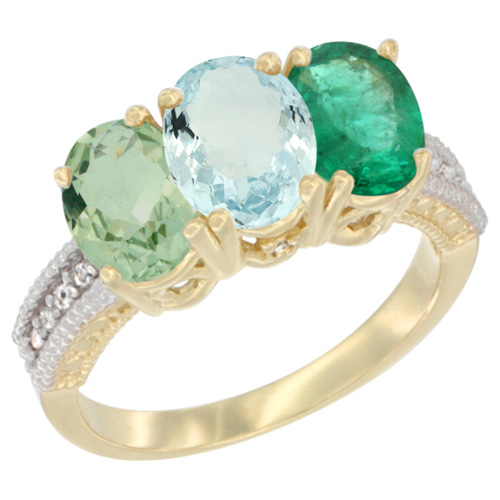 10K Yellow Gold Diamond Natural Green Amethyst, Aquamarine & Emerald Ring 3-Stone Oval 7x5 mm, sizes 5 - 10