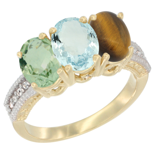 10K Yellow Gold Diamond Natural Green Amethyst, Aquamarine & Tiger Eye Ring 3-Stone Oval 7x5 mm, sizes 5 - 10