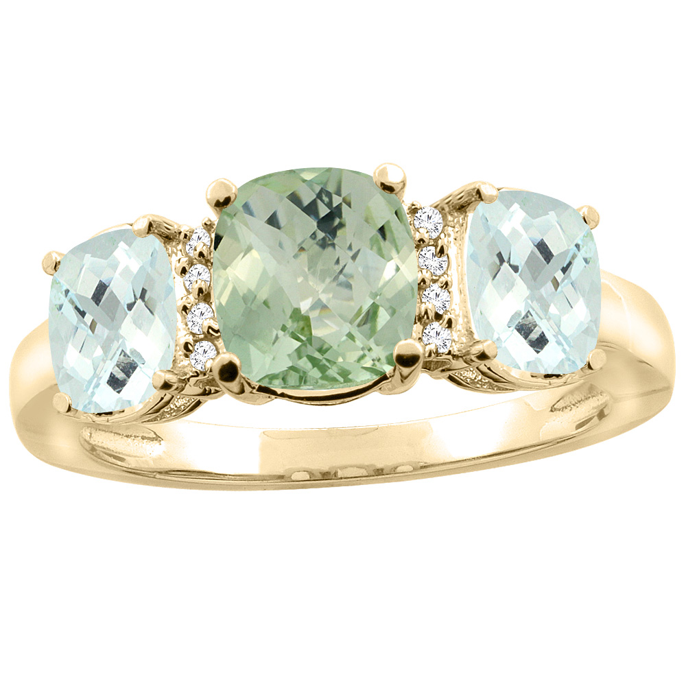 10K Yellow Gold Natural Green Amethyst & Aquamarine 3-stone Ring Cushion 8x6mm Diamond Accent, sizes 5 - 10