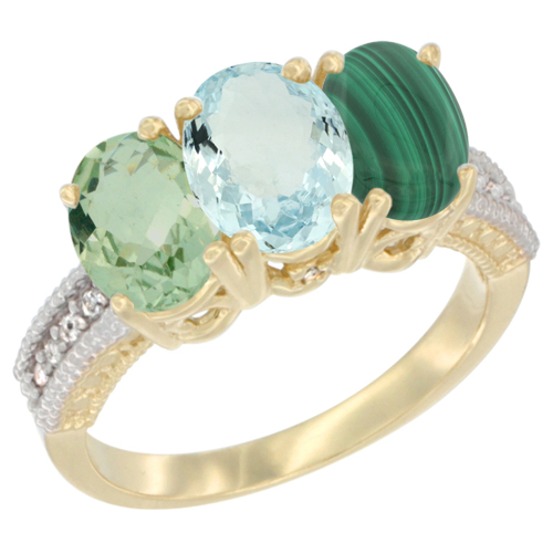 10K Yellow Gold Diamond Natural Green Amethyst, Aquamarine & Malachite Ring 3-Stone Oval 7x5 mm, sizes 5 - 10