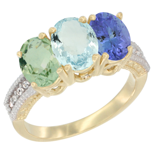 10K Yellow Gold Diamond Natural Green Amethyst, Aquamarine & Tanzanite Ring 3-Stone Oval 7x5 mm, sizes 5 - 10