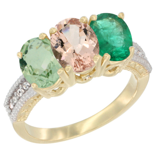 14K Yellow Gold Natural Green Amethyst, Morganite & Emerald Ring 3-Stone 7x5 mm Oval Diamond Accent, sizes 5 - 10